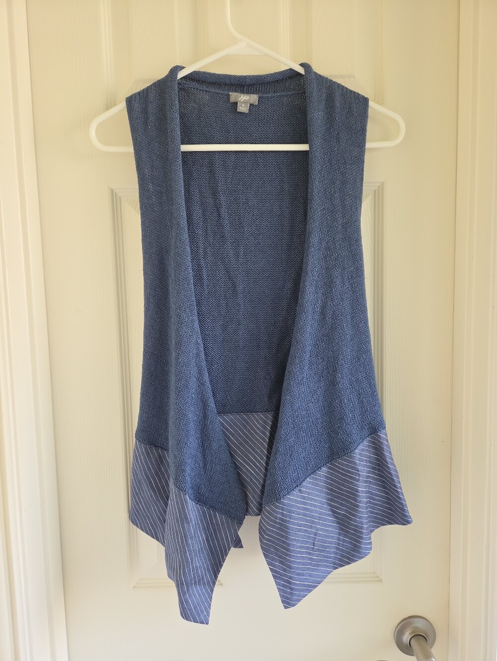 J.Jill Linen Blend Wrap Sweater Vest Small Blue Pinstripe Peplum Tied Waist Open - Picture 9 of 10